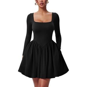 Long Sleeve Square Neck Back Belt Ruffle Hem Mini Dress, XL, 1D-141D003